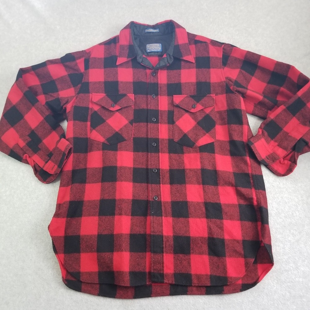VTG 70s Pendleton Field Shirt Mens XL Red Black Buffalo Plaid Wool Shacket USA